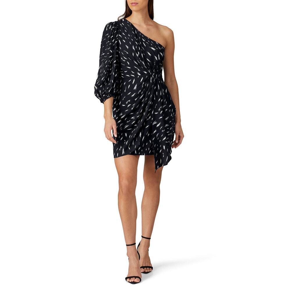 IRO Akubra One Sleeve Black Printed Crepe Mini Dress FR 38/US 6